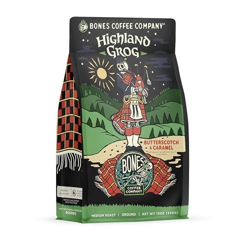 Bones Coffee Company Highland Grog Flavored Coffee Beans, Medium Roast Ground Coffee Low Acid, Butterscotch Caramel Flavor (12 oz)