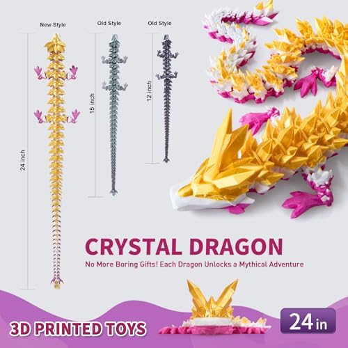 Large 3D Printed Dragon,24 Inch 3D Dragon Toys,Bigger Fidget Crystal Animals Toys, 3D Printed Articulated Animals for Home Office Car Desk Decor (Gold White Purple, 24 inch)