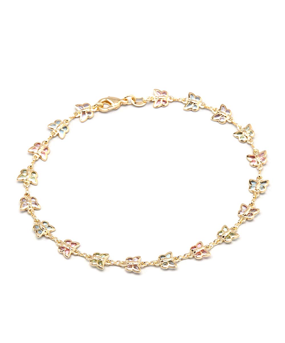 Barzel 18K Gold Plated Multi Color Butterfly Anklet For Women - Made In Brazil (ANK1187)