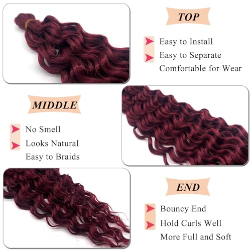Burgundy Curly Wavy Braiding Hair Pre Stretched Boho Hair for Braiding Deep Ocean Wave Crochet Hair Water Deep Wave Boho Curls Bohemian Braids Hair Extensions 24 inch 2 Packs