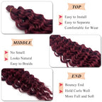 Burgundy Curly Wavy Braiding Hair Pre Stretched Boho Hair for Braiding Deep Ocean Wave Crochet Hair Water Deep Wave Boho Curls Bohemian Braids Hair Extensions 24 inch 2 Packs