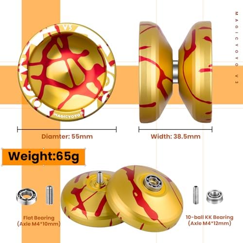 MAGICYOYO V3 Dual Purpose Metal Yoyo for Kids 8-12 & Adults, Responsive Yoyo Professional and Unresponsive Yo yo for Adults, Trick Yo-yo with 12 Strings, Bearings & Carry Case（Golden Red Splash）