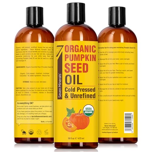 Seven Minerals NEW Pumpkin Seed Oil for Hair Growth, Face, & Body - Big 16oz Bottle - USDA Organic, Cold-Pressed & Hexane Free - Lightweight, Non-Greasy, & Deeply Moisturizing for Scalp, Skin