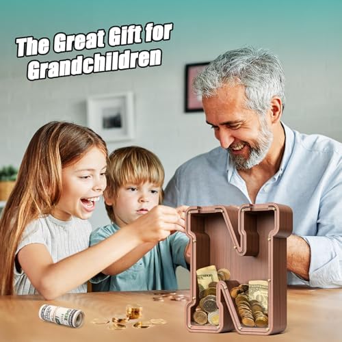 Summidate Wooden Letter Piggy Bank, Extra Thick Large Capacity Piggy Bank for Kids Boys Girls Toddler, Alphabet N Money Bank| Coin Box Birthday, Christmas, Festival