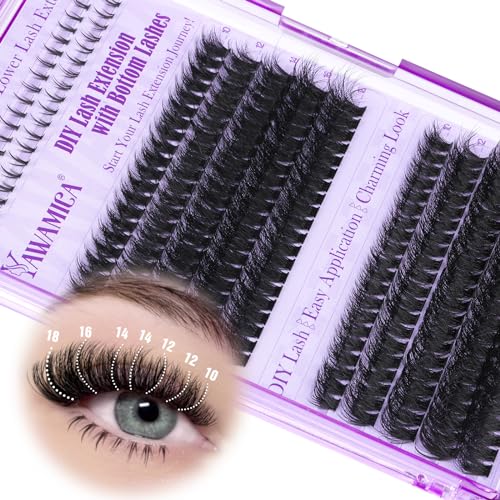 Yawamica Fluffy Lash Clusters Kit DIY Lash Extension Kit with Bottom Lashes Wispy Cluster Eyelash Extension 10-18MM 60D+80D Individual Lashes Kit with Lash Bond and Seal and Applicator for Beginners