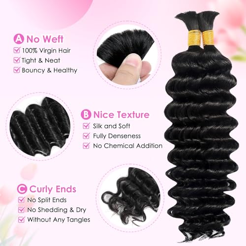 Human Braiding Hair for Boho Braids 22 Inch 110g 2 Bundles/Pack Deep Wave Boho Hair for Braiding 12A Curly Brazilian Virgin Hair Extensions No Weft Knotless Bulk Braids