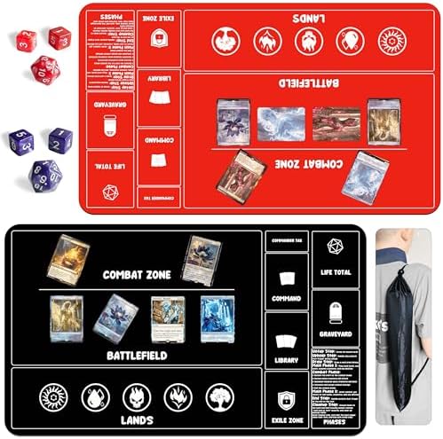 Card Game Playmats MTG Playmat for Beginner 2 Pack with Dices, Magic Mat Commander Deck Card Playmat for TCG MTG Accessories Play Mat 24x14 Inches Duel Card Battles, Black/Red