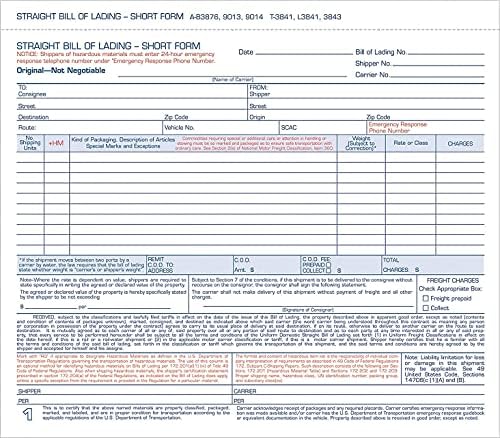 Adams Bill of Lading Short Form, 8.5 X 7.5 Inches, 3-part, 50-forms, White (9013)