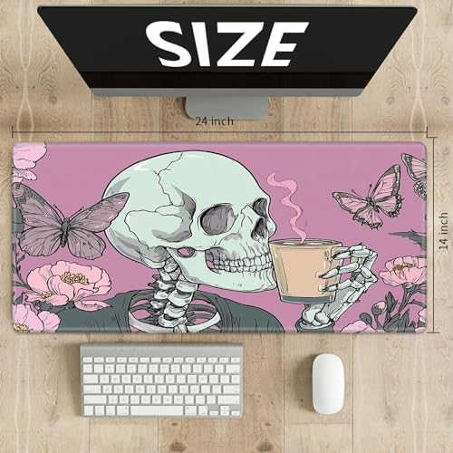 Playmats for Magic: The Gathering MTG Card Game Mat Plus 50 Pcs Card Sleeves, 24 x 14 inch TCG Mat with Stitched Edge for Commander Deck Duskmourn Board Game, Goth Skull Pink