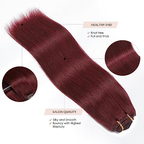 Sisily Clip in Hair Extensions Real Human Hair, 140g 7pcs Human Hair Clip in Hair Extensions Burgundy Red, Hair Extensions Real Human Hair Clip ins 16 Inch Straight Double Weft