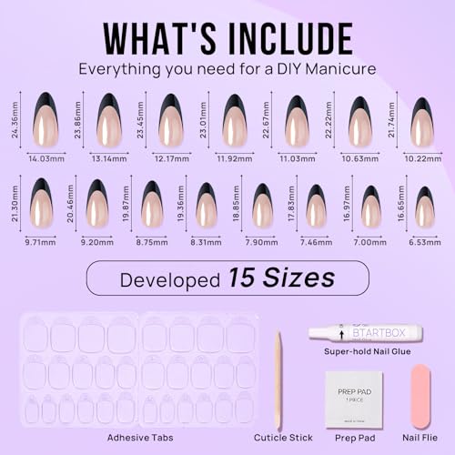 BTArtbox French Tip Press On Nails - Short Almond Press on Nails, Glue On Nails for Gift, Natural Reusable Stick On Nails in 15 Sizes - 30 Fake Nails Kit, Black Swan