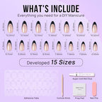 BTArtbox French Tip Press On Nails - Short Almond Press on Nails, Glue On Nails for Gift, Natural Reusable Stick On Nails in 15 Sizes - 30 Fake Nails Kit, Black Swan