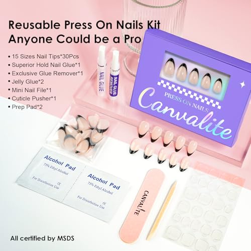 Canvalite French Tip Press On Nails, 30Pcs Short Almond Press on Nails Reusable Acrylic Fake Nails with Glue & Glue Remover Easy to Use Manicure Kit for Women, Black