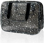 Black Holographic Star Cosmetic Bag for Women 11.8x5.1x8.2 Inches Portable Travel Toiletry Bag with Handles,Durable PVC Material,Zipper Design-Ideal Large Clear Makeup Organizer