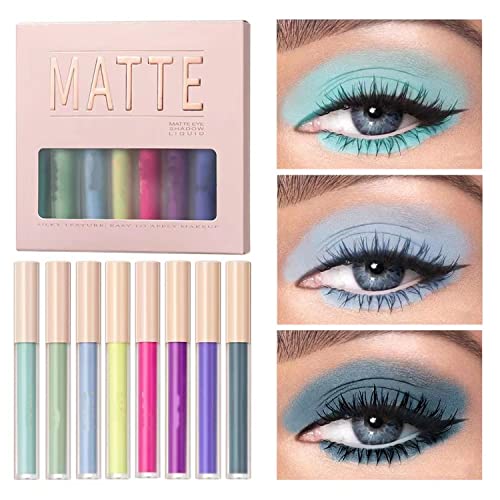 MAEPEOR Matte Liquid Eyeshadow 8 Colors Colored Smooth Creamy Eyeshadow Set Lightweight High-pigmented and Waterproof Long Lasting Matte Eyeshadow (Matte Colored, 8Colors Set 3)