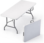 6ft Portable Folding Table Heavy Duty – White Plastic Picnic Party Table with Handle for Camping, Backyard BBQ, Vendor Events, Christmas Use