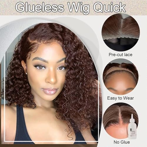 Chocolate Brown Glueless Wigs Human Hair Pre Plucked Pre Cut 180% Density Closure Wigs Human Hair Bob Wig Curly Human Hair Wig Wear and Go Glueless Wig for Women 12 Inches