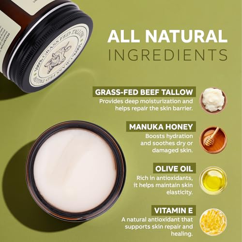 Beef Tallow for Skin, Beef Tallow and Honey Balm, All-Natural Face Body Moisturizer Nourishes and Hydrates the Skin, Grass Fed Whipped Tallow Honey Balm Infused with Raw Wild Honey 2oz