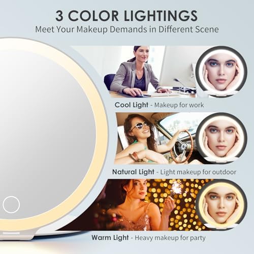 Large 10X Magnification 7 Inch Rechargeable Travel Makeup Mirror, Portable Vanity Mirror with 80 LED Lights, 3 Color Lighting and Dimmable Touch Screen,Travel Essentials,Gift for Women