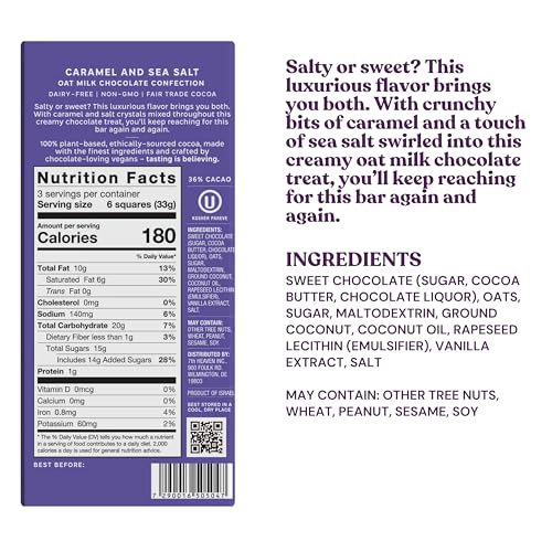 7th Heaven, Vegan Caramel and Sea Salt Oat Milk Chocolate Bars (3.5oz Full Size Candy Bars - 4 Packs) - Perfect for Easter Candy, Plant Based Dairy Free Chocolate with Peanut Butter Filling, Fair Trade Cocoa & Coconut Oil, Kosher Parve