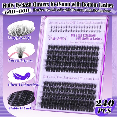 Yawamica Fluffy Lash Clusters Kit DIY Lash Extension Kit with Bottom Lashes Wispy Cluster Eyelash Extension 10-18MM 60D+80D Individual Lashes Kit with Lash Bond and Seal and Applicator for Beginners