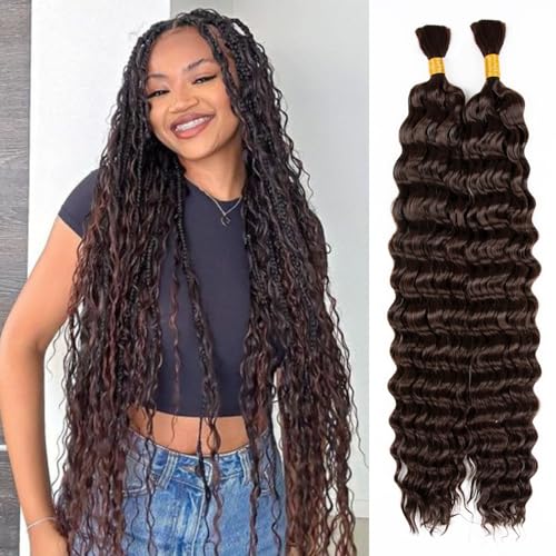 Deep Bulk Hair For Braiding Hair 20inch Wet And Wavy Deep Wave Bulk Hair Quality Synthetic Micro Braiding Hair Extensions for Boho Braids No Weft (2Pack 200g, 4#)