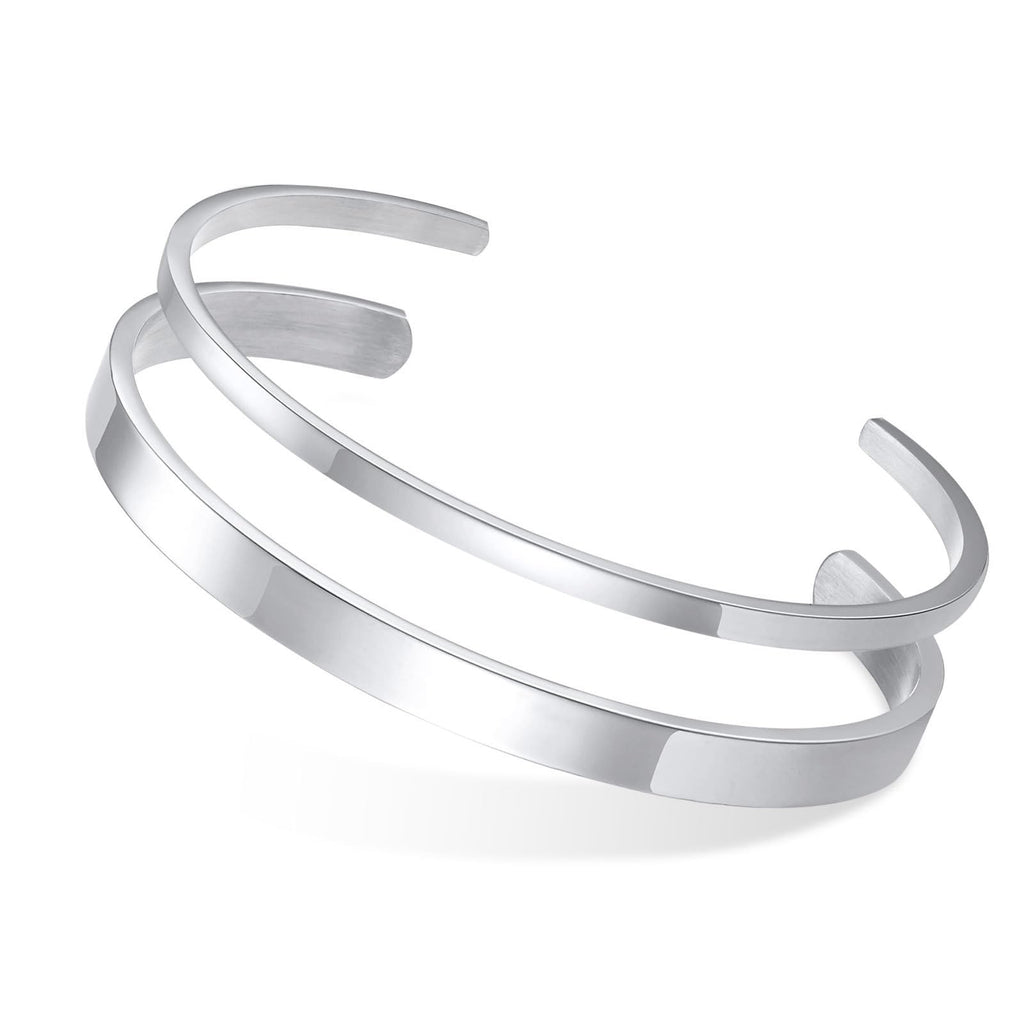 MEALGUET Stainless Steel Mens Cuff Bracelet : Polished 2 Pcs Stackable Metal Minimalist Open Cuffs Bangle Bracelet Set for Men,Mens Jewelry Gift, Silver