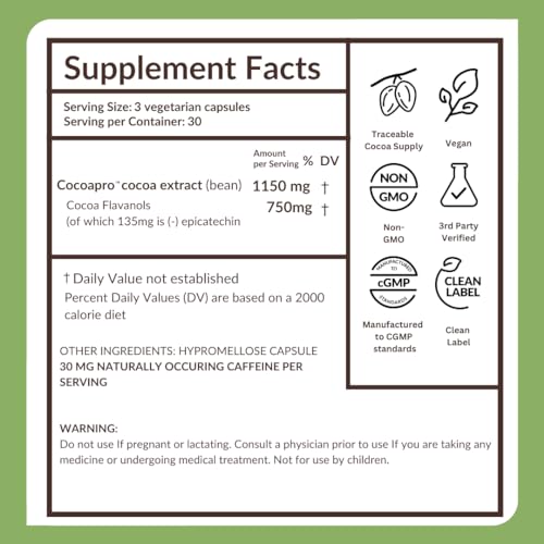 CocoaVia Ultra 750mg Cocoa Flavanols – Heart & Brain Support, Memory & Blood Circulation Booster, High Flavanol Cocoa for Nitric Oxide, Energy & Oxygen Boost, Vegan, Gluten-Free, 30-Day Supply