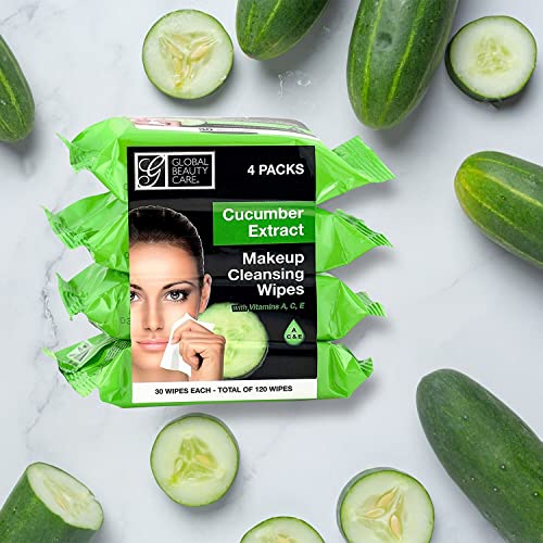 Global Beauty Care Cleansing Makeup Removal Wipes Bulk - Great for travel toiletries - 120 Count (4-Pack) (Cucumber)