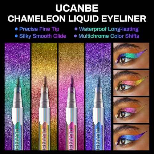 UCANBE 4PCS Chameleon Liquid Eyeliner, Multichrome Metallic Color Shift Eye Liner, Waterproof Glitter Eyeliner with Soft Fine Tip for Long-lasting Multi-Dimensional Eye Looks