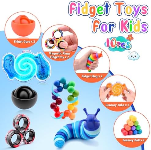 Cevioce 10Pcs Fidget Toys Adults Pack,Stocking Stuffers for Teens Boys Girls,Autism Sensory Toys with Fidget Spinner Slug Magnetic Rings,Squishy Fidget Toys ADHD Stress Relief,Party Favor for Kid-BO