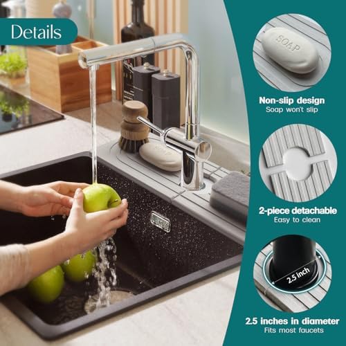 Dreatim Faucet Mat for Kitchen Sink - Wider Diatomite Fast Drying Stone Sink Tray, Super Absorbent, Prevents Moisture Buildup - Faucet Splash Guard for Bathroom Counter [Light Grey, 15x5.3inch]