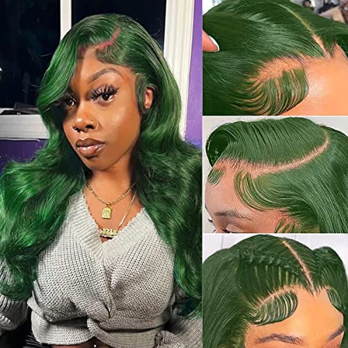 Green Lace Front Wigs Human Hair Body Wave 13x4 HD Lace Frontal Wig Pre Plucked with Baby Hair Dark Green Colored Brazilian Lace Front Human Hair Wigs Glueless 150% Density 18 inch