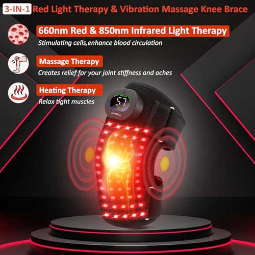 Red Light Therapy Knee Brace for Pain Relief, Vibration Knee Massager with Heat and Red Light Therapy, 660nm & 850nm Lights, Rechargeable Cordless Controller Near Infrared Light Therapy for Knee/Shoulder/Elbow