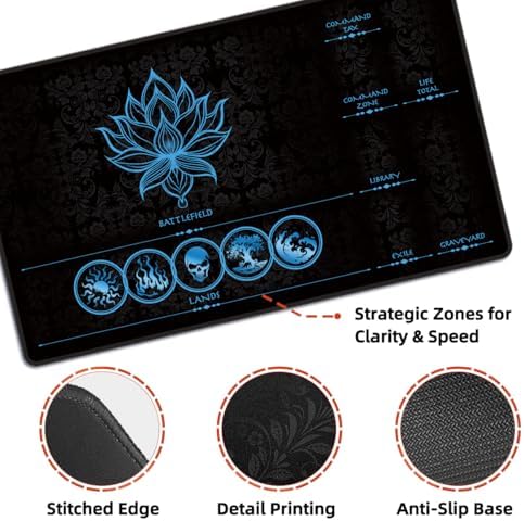MTG Playmat with Play Zones – Magic Play mat Card Game Mat for Magic The Gathering, Lotus & Basic Lands Design, 24x14 inch, Stitched Edge, Non-Slip Base with Prismatic Playmat Tube-Blue Zone