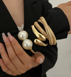 Chunky Gold Bangle Bracelets for Women, Dainty 14k Gold Plated Big Pearl Bangles Set, Trendy Statement Cuff Bracelet Stack Fashion Jewelry Gifts Summer Vacation Outfits