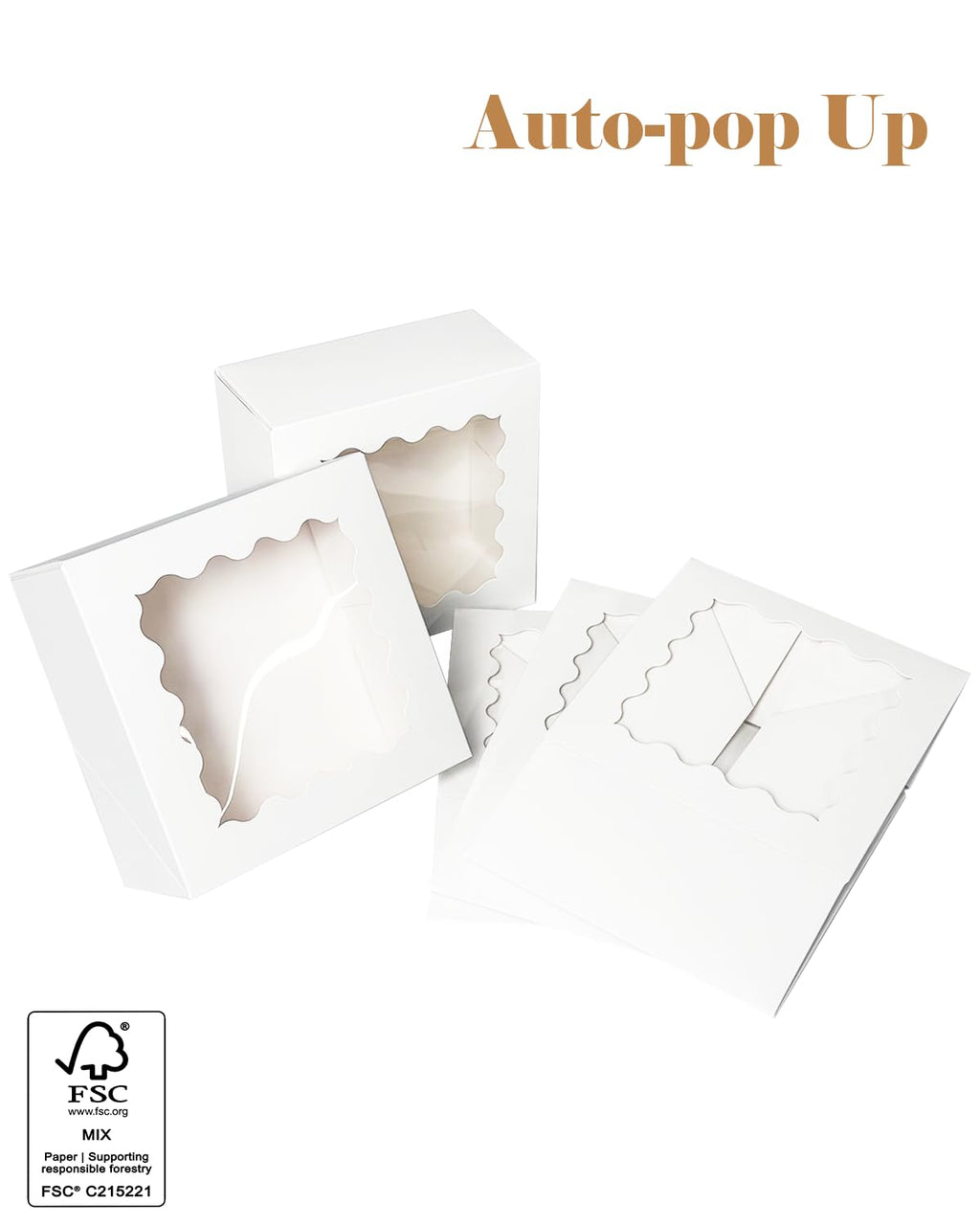 qiqee Auto-pop up 6x6x3 Inch White Cookie Box with Window 30Pcs Pastry Macaron Bakery Box For Packaging