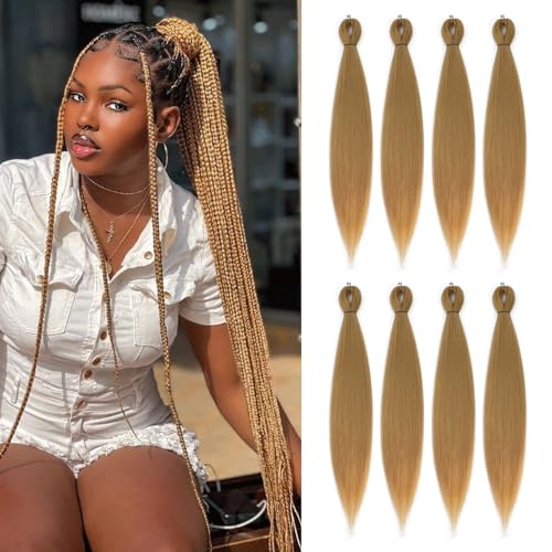Pre-stretched Braiding Hair - 22 Inch 8 Packs Blonde Long Braiding Hair For Twist or Box Braids, Yaki Texture Hot Water Setting Synthetic Braiding Hair Extensions (22 Inch, #27-8P)