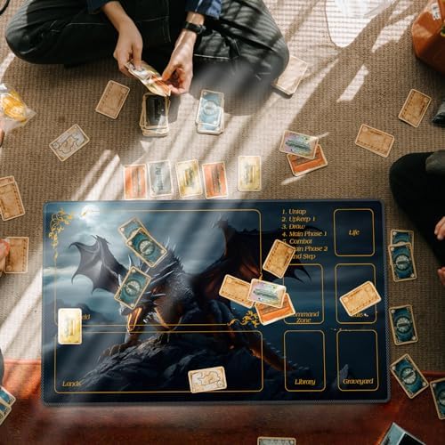 DEGDFSGR for MTG Playmat with Zones 24 x 14 inches for TCG Playmats Non-Slip Rubber Base Commander Play Mat for Lorcana Trading Card Game, Rock Wings Black Dragon Fire