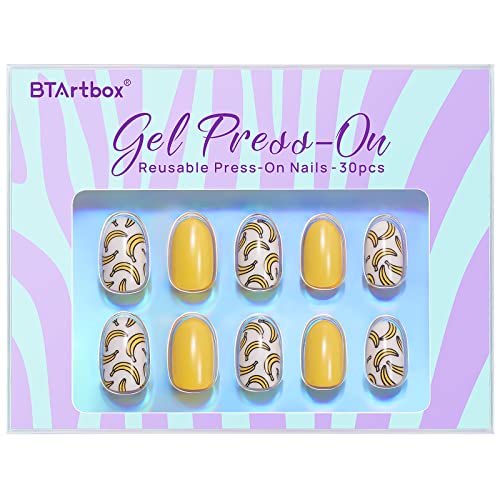 BTArtbox Press On Nails Short - Fall Fake Nails with Glue Yellow Reusable Glue On Nails in 15 Sizes, Cute Stick On Nails Kit, Banana