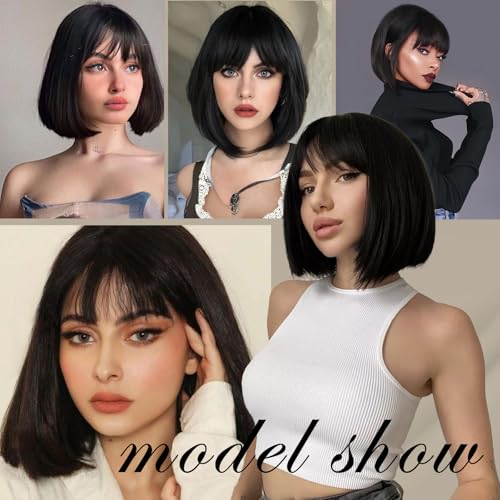 Black Bob Wig With Bangs Short Black Wig for Women 12 Inch Straight Bob wig with Bangs Synthetic Colorful Cosplay Daily Party Use（Nutural Black,12IN）