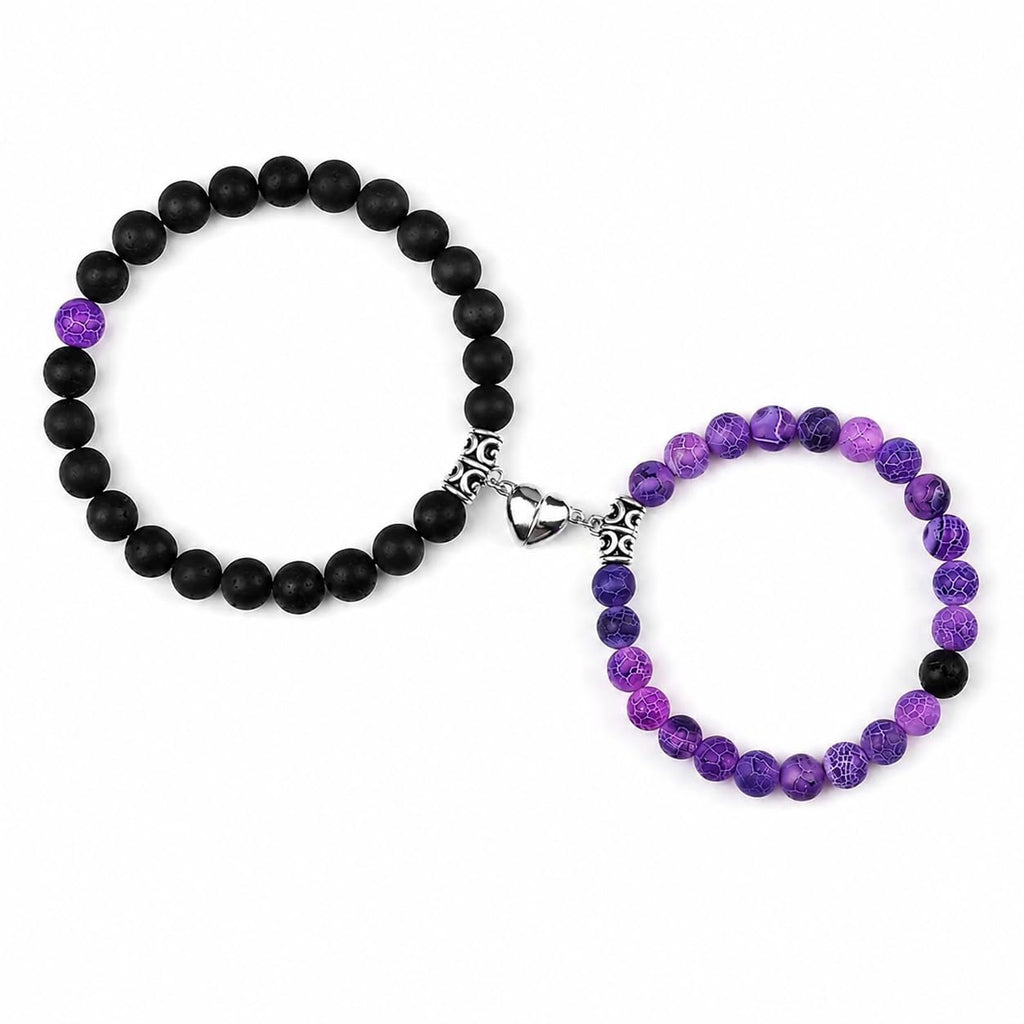 Jexiva Set Of 2 Matching Couple Bracelets Magnetic Heart - Stone Beads, Stretch, Unisex Anniversary, Express Love, Valentine, Long Distance, Christmas Gift (Lava+Purple Weathered, Without Giftbox)