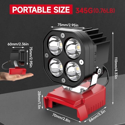 LED Work Light Compatible with Milwaukee 18V Battery, 40W 6000LM Flashlight, 18V Battery Cordless Work Light 120°Adjustable with Low Voltage Protection for Outdoors and Job Site Lighting