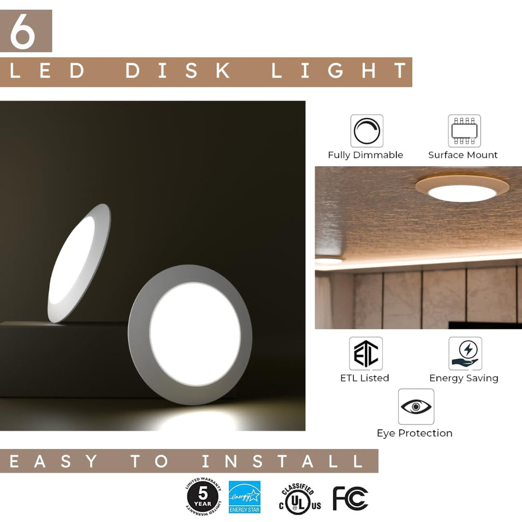 Lunabode LED 7.5 Inch Flush Mount Ceiling Light Fixture (6 Pack) - 16.5W, 1500Lm, 120V, 6000K Modern Kitchen Recessed Ceiling Lamp | Wet Location Dimmable LED Light | ETL, 4/6" J-Box