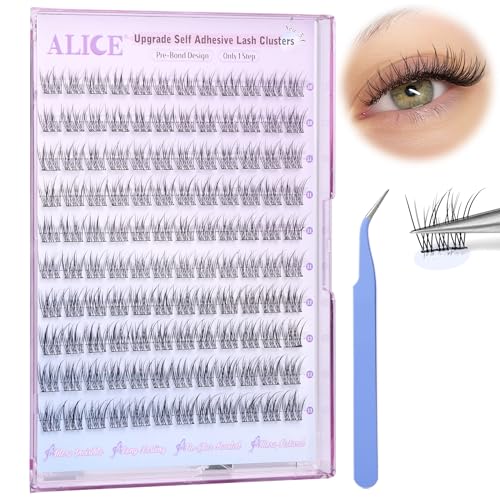 ALICE Self Adhesive Eyelashes Natural Self Adhesive Lash Clusters No Glue Needed Wispy Reusable Press on Lashes Pre-Glue 10-12mm 120pcs C Curl DIY Eyelash Extensions Kit with Lash Tweezers