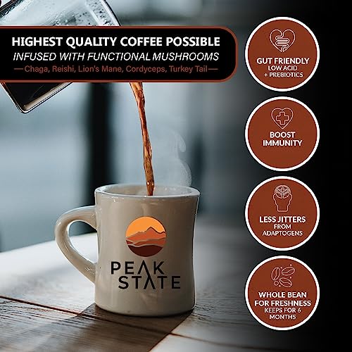 Peak State Coffee with Benefits - Mushroom Coffee Organic Coffee Beans - IMMUNITY BOOST Medium Roast - Low Acid Coffee - Mold Free, Vegan, Paleo, Dairy & Gluten-Free (2 x 12 oz Bags, Whole Bean - $1.14/cup)