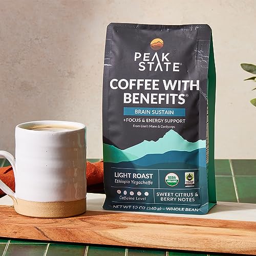 Peak State Coffee with Functional Mushrooms, Low Acid, Whole Bean (FOCUS, BOOST IMMUNITY, & DESTRESS) (Brain Sustain)