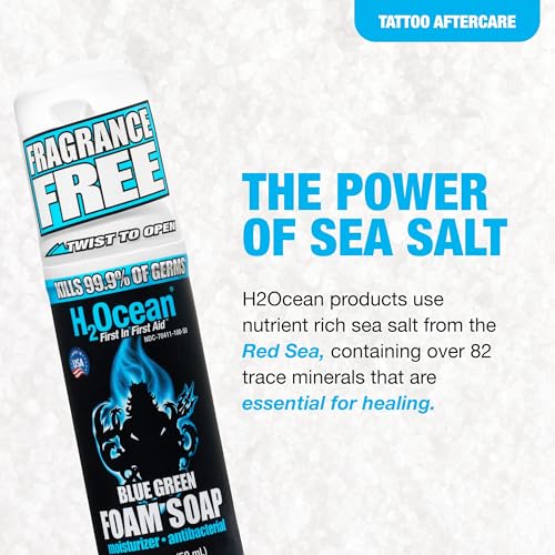 H2Ocean Blue Green Foam Soap - Tattoo Foam Antibacterial Soap for Tattoo Aftercare - Tattoo Care with Aloe Vera - Travel-Size Tattoo Moisturizer Soap - 1.7 oz