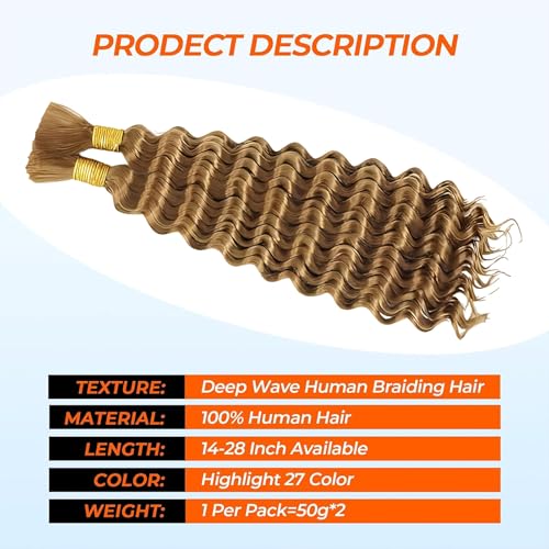 Human Braiding Hair for Boho Braids #27 26 Inch 2 Bundles 100g Deep Wave Bulk Human Boho Hair for Braiding (P27, 26 Inch)
