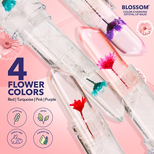 Blossom Moisturizing Scented pH Color Changing Crystal Lip Balm, Strawberry Scented Lip Stain Tint, Infused with Real Flowers, 3 pk, Turquoise/Pink/Purple